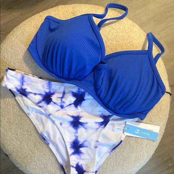 BNWT Shade & Shore Vibrant Blue Bikini Top w CUPSHE Tie Dyed Bottoms 34DD/ Large - Picture 10 of 10